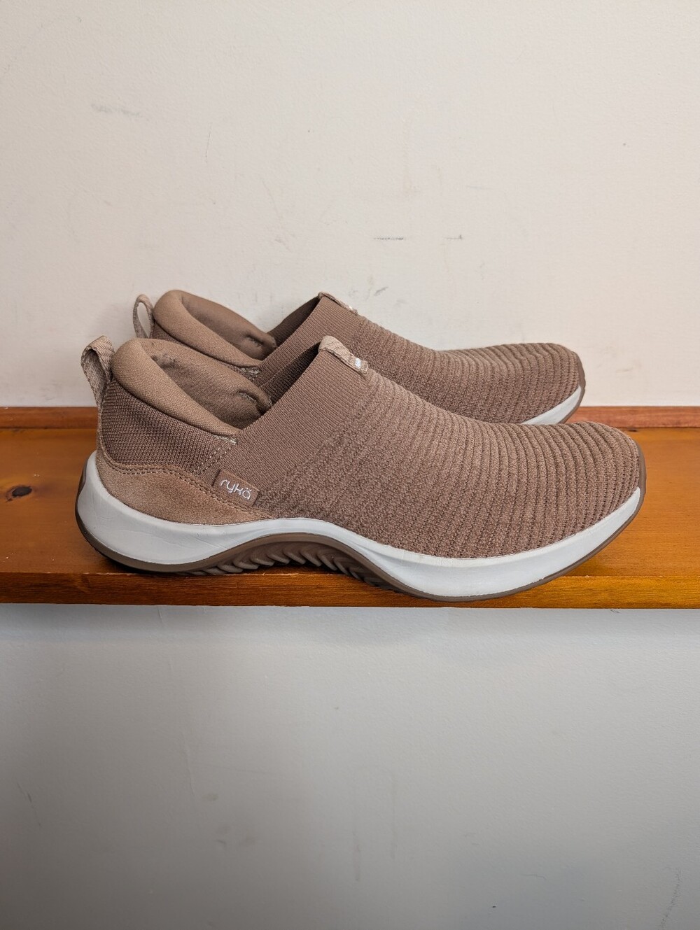Ryka Encore Knit Plus Womens 8.5 Taupe Slip On Sneakers Suede Toe Comfort